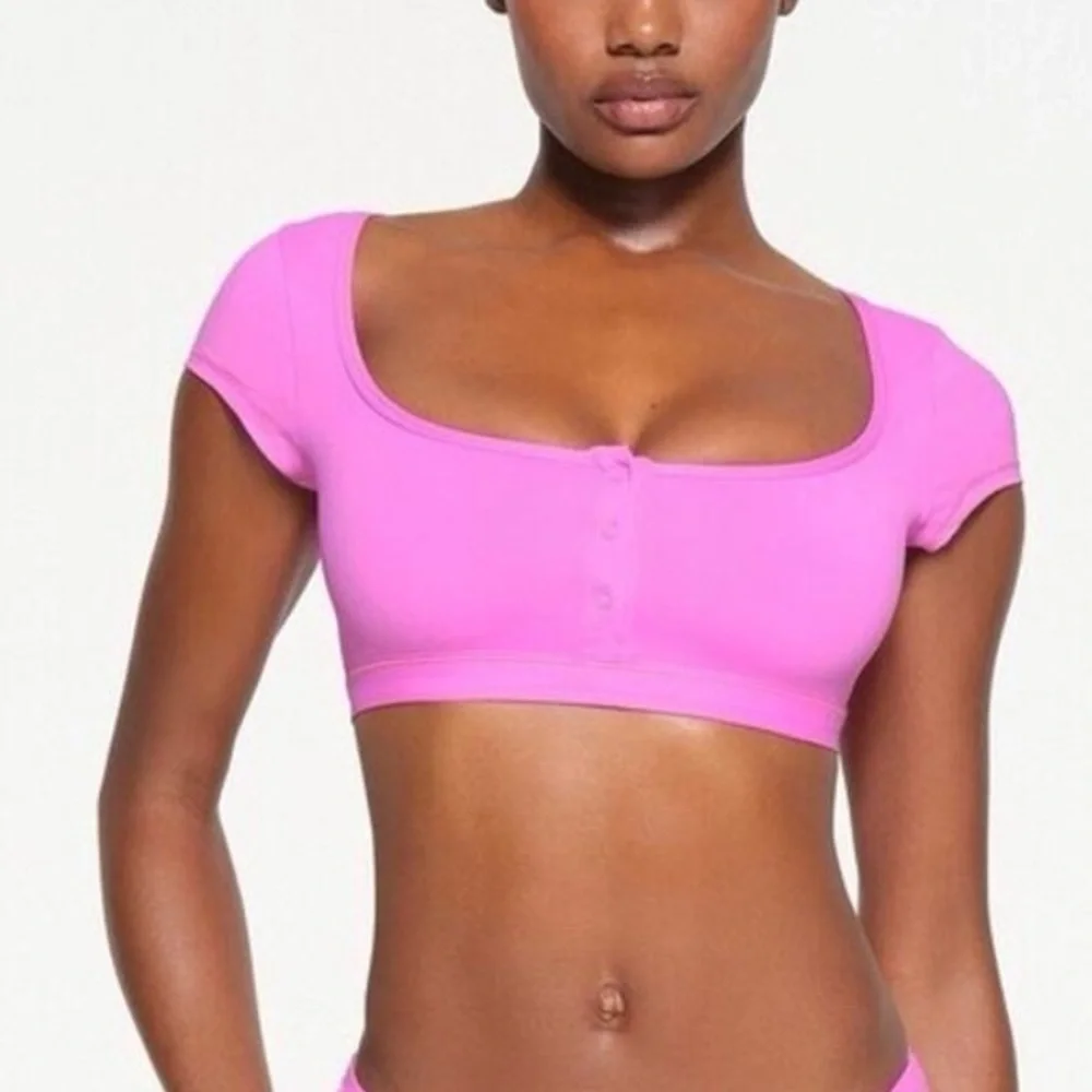NWT Skims recycled swim super crop T-shirt neon Orchid